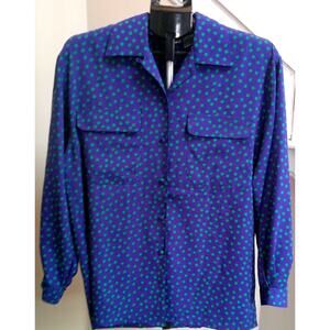 Marlis Long Sleeve Women's Blouse Size 8 Blue with Green Polka Dots